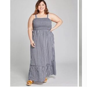 Lane Bryant Plus Size Navy & White Gingham Smocked Maxi Dress